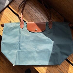 Longchamp Teal Nylon Tote with Brown Leather Trim
